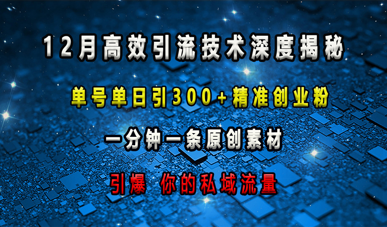 12月高效引流技术深度揭秘 ，单号单日引300+精准创业粉，一分钟一条原创素材，引爆你的私域流量去创吧-网创项目资源站-副业项目-创业项目-搞钱项目去创吧