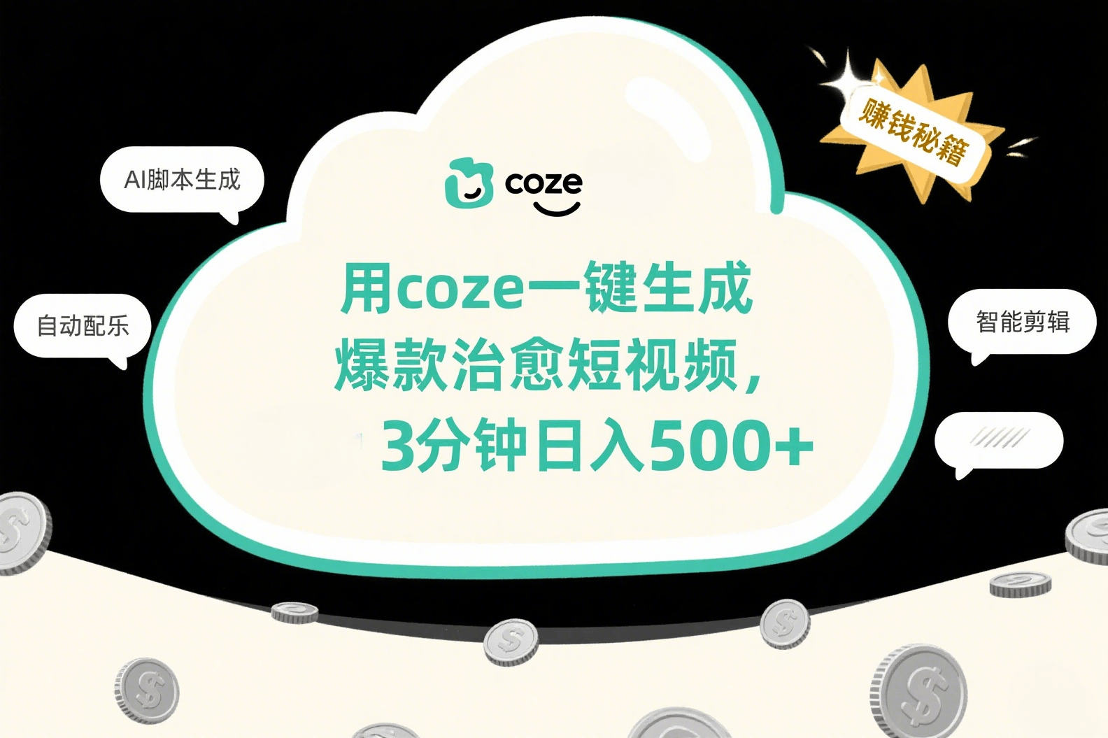 用coze一键生成爆款治愈短视频，3分钟日入500+去创吧-网创项目资源站-副业项目-创业项目-搞钱项目去创吧
