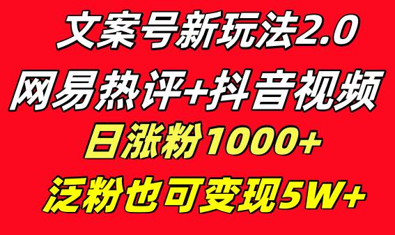 文案号新玩法 网易热评+抖音文案 一天涨粉1000+ 多种变现模式 泛粉也可变现去创吧-网创项目资源站-副业项目-创业项目-搞钱项目去创吧