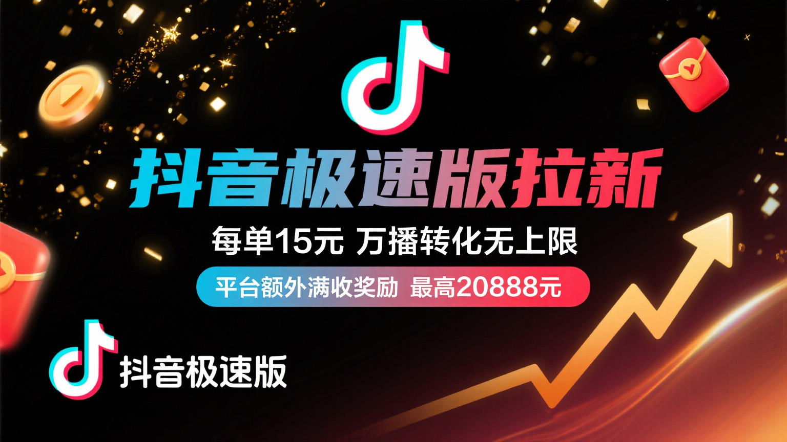 抖音极速版放福利，每单15元，万播转化无上限，平台额外满收奖励，最高可领20888元去创吧-网创项目资源站-副业项目-创业项目-搞钱项目去创吧