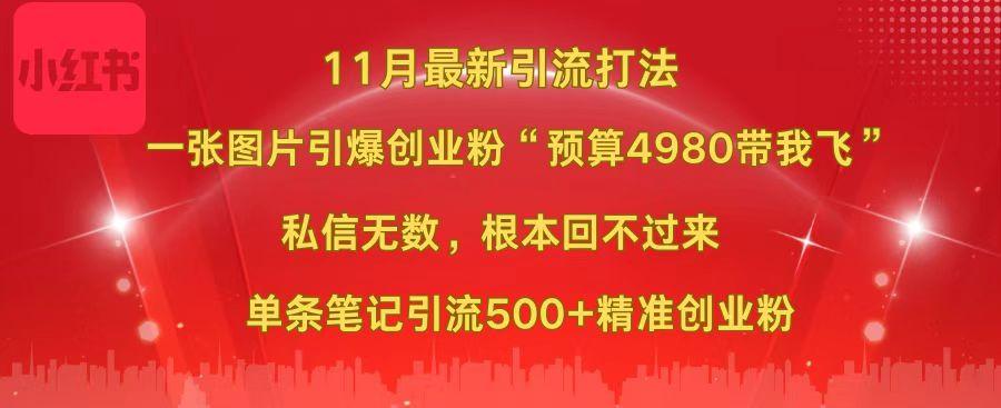 小红书11月最新图片打法,一张图片引爆创业粉“预算4980带我飞”,私信无数,根本回不过来,单条笔记引流500+精准创业粉去创吧-网创项目资源站-副业项目-创业项目-搞钱项目去创吧