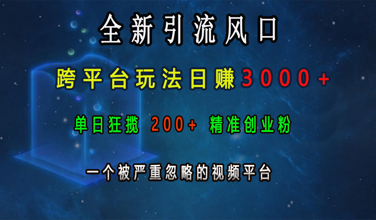 全新引流风口，跨平台玩法日赚3000+，单日狂揽200+精准创业粉，一个被严重忽略的视频平台去创吧-网创项目资源站-副业项目-创业项目-搞钱项目去创吧