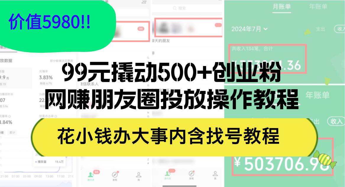 99元撬动500+创业粉，网赚朋友圈投放操作教程价值5980！花小钱办大事内…去创吧-网创项目资源站-副业项目-创业项目-搞钱项目去创吧